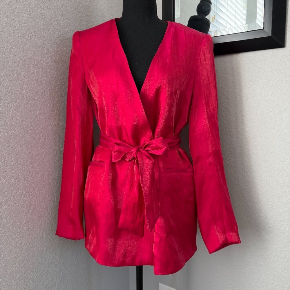 ZARA Double Breasted Belted Pink Blazer Wrinkle Effect Jacket XS NWT - Picture 5 of 16